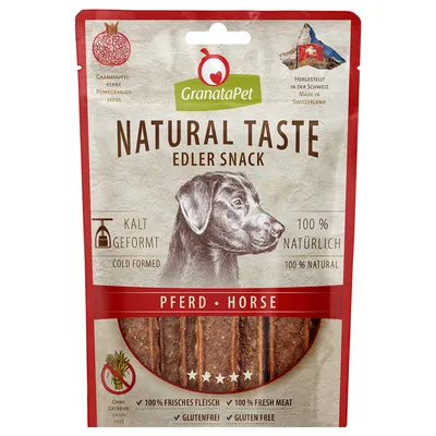 GranataPet Natural Taste Edler Snack, kalt geformt, hergestellt in der Schweiz, Pferd, 100% frisches Fleisch, ohne Getreide, glutenfrei, 100% natürlich.