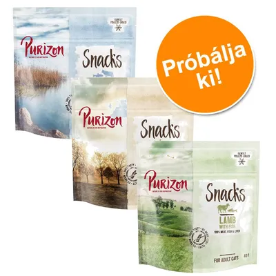 Purizon Snacks macska jutalomfalat csomagok, egyik tasakon: Lamb with Fish, 100% meat, fish & liver, for adult cats 40 g. Narancssárga körben: Próbálja ki!