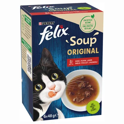 Purina Felix Soup Original, 6x48g. Sortimente: vită, pui, miel. Fără coloranți și fără conservanți. Ambalaj reciclabil.