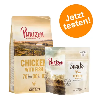 Purizon Chicken with Fish pour chats adultes, 70 % viande de poulet et poisson, 30 % fruits/légumes, 0 % céréales. Snacks Purizon Chicken with Fish. Texte en allemand : Jetzt testen!