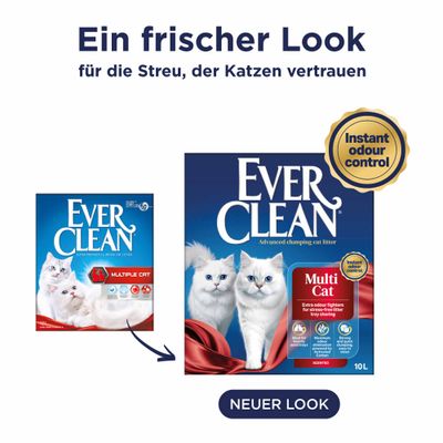 Ever Clean Multi Cat Katzenstreu mit neuem Verpackungsdesign, Hinweis auf Instant odour control und 10L Inhalt. Text: Ein frischer Look für die Streu, der Katzen vertrauen.