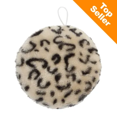 Balle ronde en tissu à motif léopard avec boucle blanche, texte visible : Top Seller sur fond orange dans le coin supérieur droit.