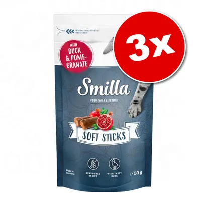 Smilla Soft Sticks, sachet 50 g, avec canard et grenade, lot de 3. Texte visible : with duck & pomegranate, grain-free recipe, with tasty duck, made in Germany.