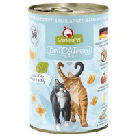GranataPet DeliCATessen Paté salmão e peru. Fabricado na Alemanha, sem cereais, sementes de romã, óleo de salmão, mexilhão de lábios verdes. Sem testes em animais.