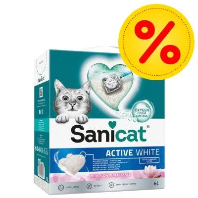 Sanicat Active White, 6 l, stelivo pro kočky s vůní lotosového květu, OXYGEN ODOUR CONTROL, akční nabídka označená symbolem %. Sanicat Active White, 6 l, stelivo pro kočky s vůní lotosového květu, OXYGEN ODOUR CONTROL, akční nabídka označená symbolem %.