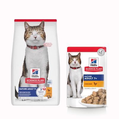 Hill's Science Plan ADULT 1-6 pour chats, croquettes au thon et sachet repas au poisson de l'océan. Texte visible : Bi-nutrition. Recommandé par les vétérinaires.