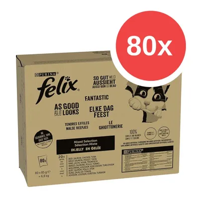 Balení Purina Felix As Good As It Looks, 80×85 g, Mixed Selection in Jelly. Viditelný text: Fantastic, 100 %, bez barviv, různé jazyky, obrázek kočky.
