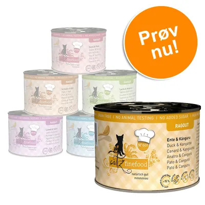 catz finefood Ragout dåsemad til katte i forskellige varianter, synlig tekst: 'NO ANIMAL TESTING', 'NO ADDED SUGAR', 'GRAIN FREE', orange cirkel med teksten 'Prøv nu!'.