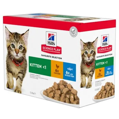 Hill's Science Plan Favourite Selection Kitten <1, 6x chicken, 6x with ocean fish. Na obale obrázok mačiatka a misky s kúskami v omáčke.