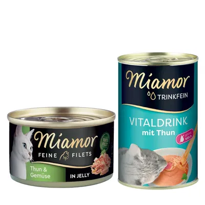 Miamor Kombi-Paket: Feine Filets 12 x 100 g + Trinkfein Vitaldrink 6 x 135 ml - Feine Filets Thunfisch & Gemüse + Vitaldrink mit Thunfisch