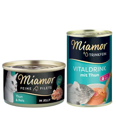 Miamor Kombi-Paket: Feine Filets 12 x 100 g + Trinkfein Vitaldrink 6 x 135 ml - Feine Filets Thunfisch & Reis + Vitaldrink mit Thunfisch