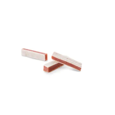 Bâtonnets bicolores rectangulaires, partie blanche et partie rouge, posés sur fond blanc. Aucun emballage ou marque visible.