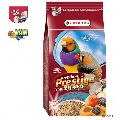 Sac de graines Versele-Laga Premium Prestige pour oiseaux exotiques, texte visible : 100% Energy & Vitality, enrichi avec VAM, fruits, Florastimul, chia, coquilles d’huîtres.