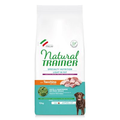 Natural Trainer Specialty Nutrition Light in Fat mit Truthahn, geeignet für sterilisierte Hunde. 12kg Packung, ohne künstliche Zusatzstoffe, hergestellt in Italien.
