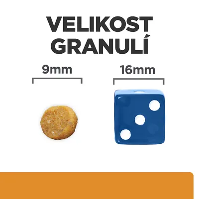 Porovnanie veľkosti granule 9 mm a modrej kocky 16 mm, text: VELIKOST GRANULÍ. Text v češtine.
