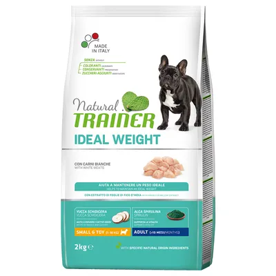 Natural Trainer Ideal Weight s bílým masem, pro malé a toy psy 1–10 kg, adult nad 10 měsíců, 2 kg. Bez barviv, konzervantů, přidaných cukrů. Vyrobeno v Itálii.