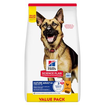 Hill's Science Plan Mature Adult 6+ Large 25 kg+, croquettes pour chien, avec poulet. Texte visible : 'Supports energy level, immunity & vital organs health in older dogs'.