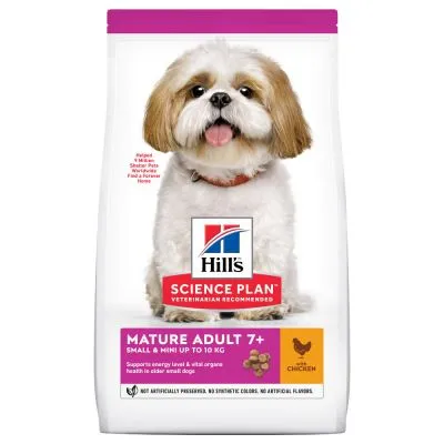 Hill's Science Plan Mature Adult 7+ Small & Mini up to 10 kg s kuřetem, balení s obrázkem malého psa a textem o podpoře energie a zdraví orgánů starších malých psů.