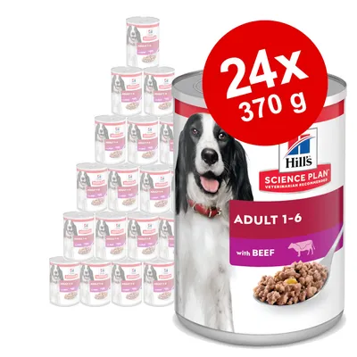 Hill's Science Plan ADULT 1-6 with BEEF, συσκευασία 24 κονσέρβες x 370 g. Εικόνα κονσέρβας με σκύλο και τροφή μοσχαρίσιου κρέατος.