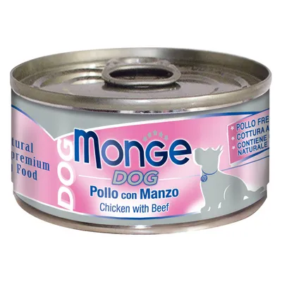 Monge Dog cibo umido per cani, Pollo con Manzo, ingredienti naturali premium, senza pollo, contiene ingredienti naturali.