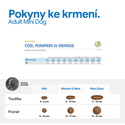 Adult Mini Dog: Kompletné krmivo pre dospelých psov malých plemien, s vyváženým obsahom živín, podporuje zdravie zubov a kože, s chutným kuracím mäsom, bez pridaného cukru, dostupné v balení 1, 5 kg a 3, 0 kg.