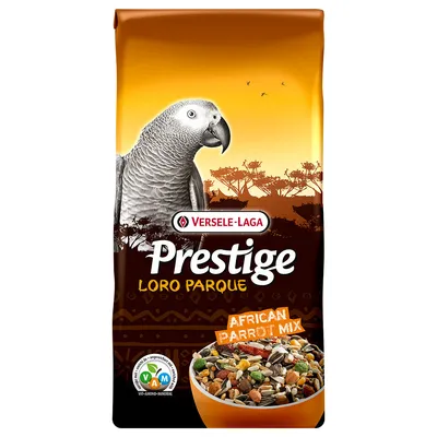 Sac Versele-Laga Prestige Loro Parque African Parrot Mix, mélange de graines pour perroquets africains, logo VAM visible, image d’un perroquet et d’un bol de graines sur l’emballage.
