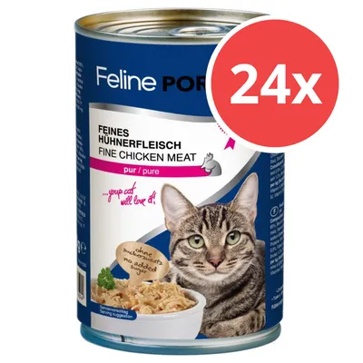 Feline Port. Feines Hühnerfleisch, pur. Ohne Zuckerzusatz. Serviervorschlag: Schüssel mit Hühnerfleisch. 24x Dosen. Katze abgebildet.