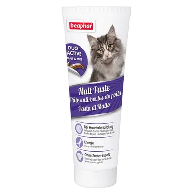 Tub beaphar Malt Paste cu imagine de pisică, text vizibil: DUO-ACTIVE Malt & MOS, Bei Haarballenbildung, Energie, Ohne Zucker-Zusatz. Pate anti-boule de poils, fără zahăr adăugat.