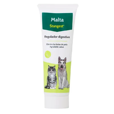Tubo de Malta Stangest regulador digestivo. Texto visible: elimina las bolas de pelo, agradable sabor. Imagen de un gato y un perro en la parte inferior del envase.