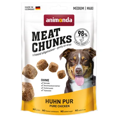 Animonda MEAT CHUNKS 98 % mono-protein, Huhn Pur Pure Chicken, bez obilovin, zvýrazňovačů chuti, cukru a sóji. Vyobrazeny kousky masa a pes. Made in Germany. Animonda MEAT CHUNKS 98 % mono-protein, Huhn Pur Pure Chicken, bez obilovin, zvýrazňovačů chuti, cukru a sóji. Vyobrazeny kousky masa a pes. Made in Germany.