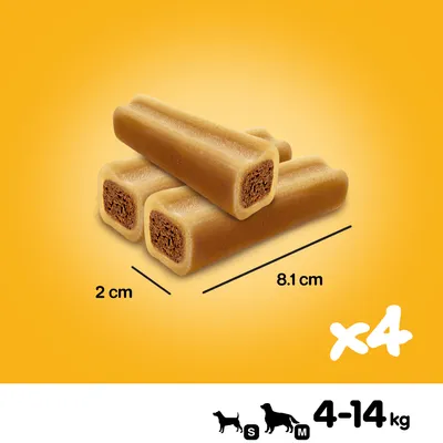 Quattro snack per cani, dimensioni: 8,1 cm x 2 cm. Adatti a cani da 4 a 14 kg, taglie S e M.
