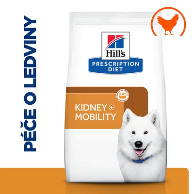 Hill's Prescription Diet Kidney + Mobility, nápis PÉČE O LEDVINY, obrázok psa a silueta sliepky. Text na obale v angličtine. Hill's Prescription Diet Kidney + Mobility, nápis PÉČE O LEDVINY, obrázok psa a silueta sliepky. Text na obale v angličtine.