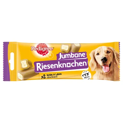 Emballage Pedigree Jumbone Riesenknocken, x2 Huhn & Lamm Geschmack, <5% Fett. Texte en allemand. Emballage Pedigree Jumbone Riesenknocken, x2 Huhn & Lamm Geschmack, <5% Fett. Texte en allemand.