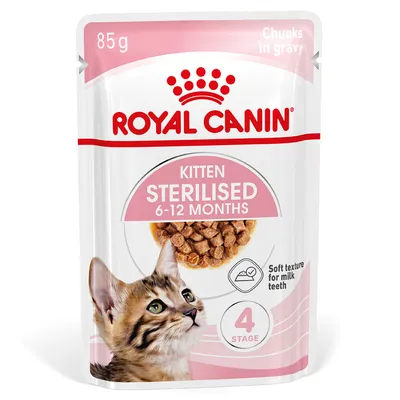 Royal Canin Kitten Sterilised 6–12 Months, 85g, Chunks in gravy, Soft texture for milk teeth, 4 Stage. Royal Canin Kitten Sterilised 6–12 Months, 85g, Chunks in gravy, Soft texture for milk teeth, 4 Stage.
