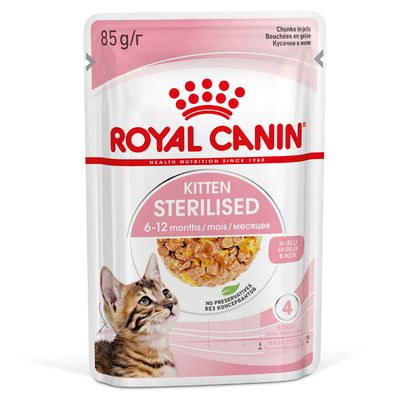 ROYAL CANIN Kitten Sterilised, 85 g, 6–12 months, in jelly, no preservatives, post-sterilisation phase, image of a cat on the packaging.