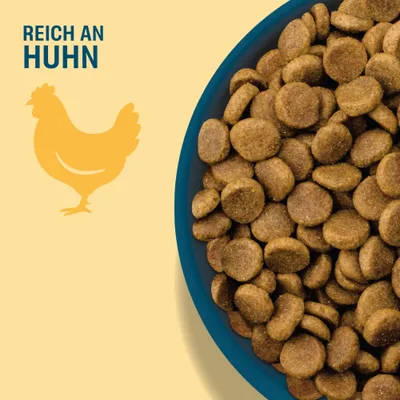 Schale mit Trockenfutter, daneben Text: Reich an Huhn und Silhouette eines Huhns. Schale mit Trockenfutter, daneben Text: Reich an Huhn und Silhouette eines Huhns.