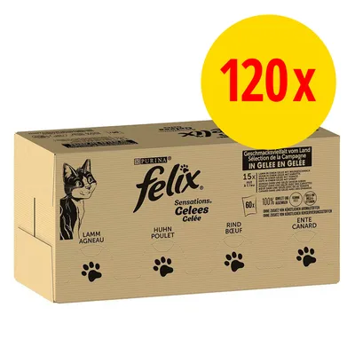 Felix Sensations Gelees kattenvoer, 120 stuks. Smaken: lam, kip, rund, eend. Verpakking toont merknaam Purina en productinformatie in het Duits. Felix Sensations Gelees kattenvoer, 120 stuks. Smaken: lam, kip, rund, eend. Verpakking toont merknaam Purina en productinformatie in het Duits.