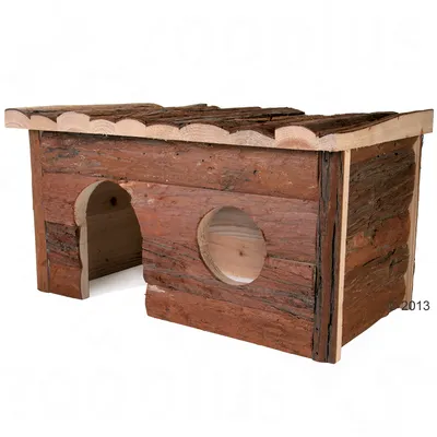 Small animal house made of wood with two entrances, rectangular shape and roof made of tree bark.