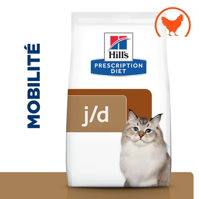 Sac Hill's Prescription Diet j/d pour chat, mention MOBILITÉ à gauche, pictogramme poulet orange en haut à droite, photo d'un chat sur l'emballage.