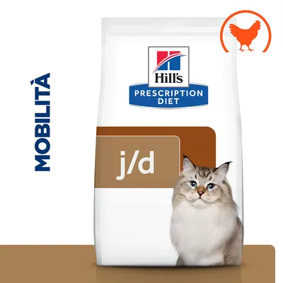 Hill's Prescription Diet j/d per gatti, scritta MOBILITÀ a sinistra, simbolo arancione di pollo in alto a destra, immagine di un gatto sul fronte della confezione.