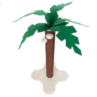 Rascador con forma de palmera, copa de hojas verdes, tronco marrón de sisal y base blanca. Dos pelotas colgantes en el tronco.