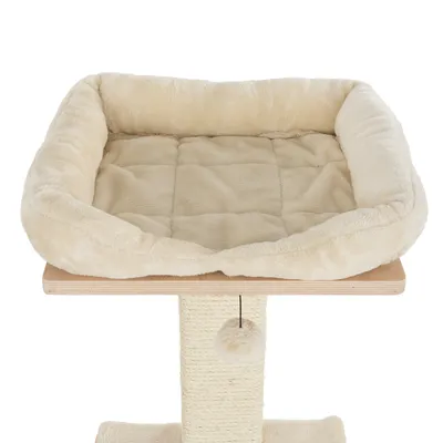 Plateforme pour arbre à chat avec coussin beige en tissu doux, base en bois clair et poteau recouvert de sisal, balle suspendue visible sous la plateforme.