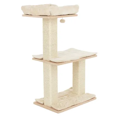 Kratzbaum mit drei Ebenen, Sisal umwickelte Säulen und weiche beige Polster auf jeder Ebene. Obere Plattform mit erhöhtem Rand und hängendem Spielzeug.