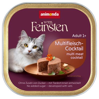 Pack de 32 unidades de 100 g de comida húmida para gatos Animonda Vom Feinsten Adult Multifleich-Cocktail. Embalagem com imagem de gato branco e texto em várias línguas.