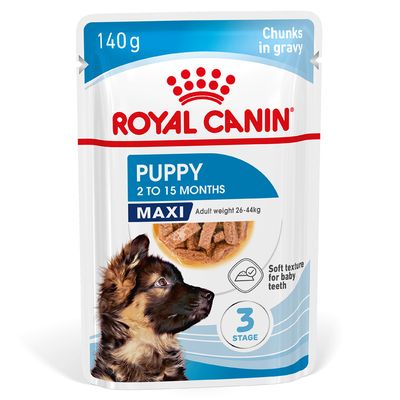 Royal Canin Puppy Maxi 2 to 15 months, adult weight 26–44 kg, chunks in gravy, soft texture for baby teeth, 3-stage, 140 g.
