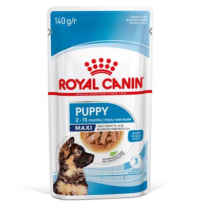 Royal Canin Puppy Maxi 2-15 months, 140g, adult weight 26-44 kg, in gravy, without preservatives, Phase 3 growth. Image of a dog and food pieces in sauce.