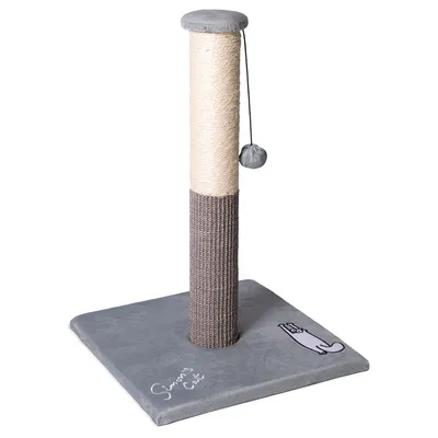 Tiragraffi con base quadrata grigia, colonna rivestita in sisal e tessuto, pallina appesa, scritta visibile 'Simon's Cat' e disegno di gatto stilizzato sulla base.