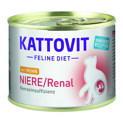 Kattovit Feline Diet Niere/Renal with chicken, for renal insufficiency, improved recipe. Text and silhouette of a cat with kidney symbol shown on the tin.