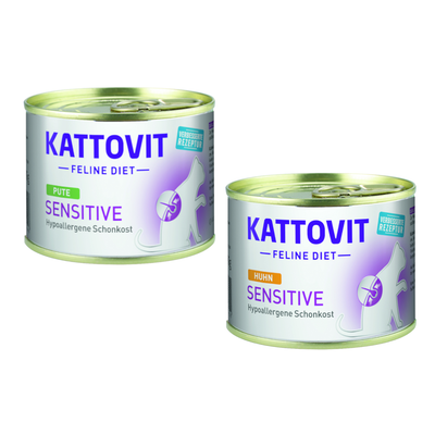 KATTOVIT FELINE DIET SENSITIVE Huhn, Hypoallergene Schonkost -kissan märkäruokapurkki. Teksti: VERBESSERTE REZEPTUR.