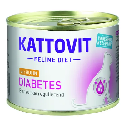 Kattovit Feline Diet with chicken, diabetes, blood sugar regulating, improved recipe. Text and silhouette of a cat with droplet symbol shown on the tin.